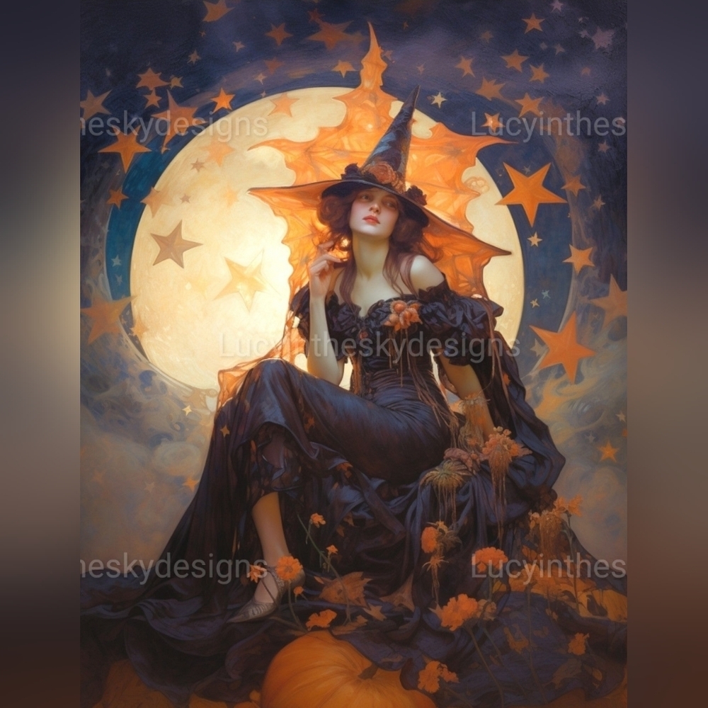 Art Nouveau Vintage Halloween Witch Celestial Art Print Home Decor 8.5x11 - Picture 2 of 4